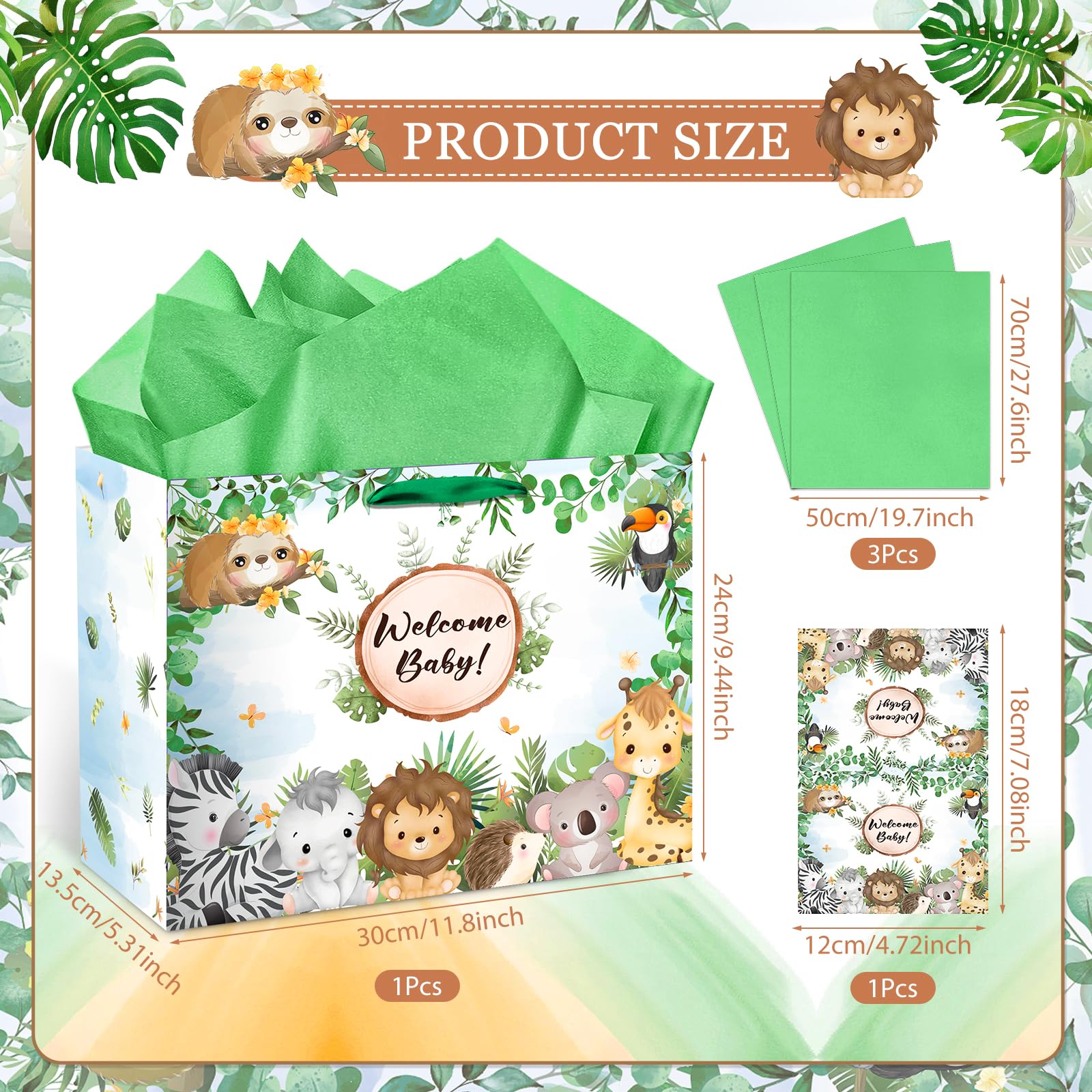 Baby Jungle Animals Gift Bag Green Welcome Baby Gift Bag Safari Baby Shower Wild Animal Paper Bags Newborn Birthday Wrapping Bag with Tissue Paper and Greeting Card for New Parents Gender Reveal Party