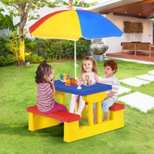 HOMGX Kids Picnic Table, Toddler Picnic Table with Removable & Foldable Umbrella, Plastic Children Patio Furniture for Garden Backyard, Kids Outdoor Table, Multicolored