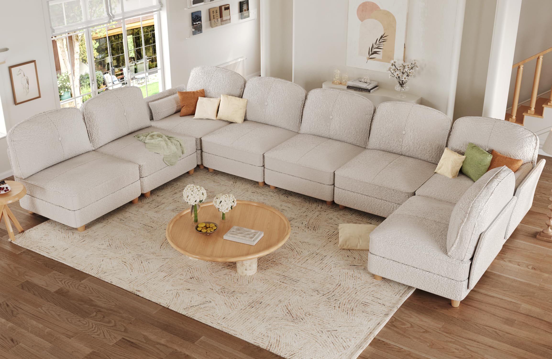 LLappuil Oversized Sectional Couch L Shaped Modular Sofa with Storage, Corner Cloud Sofa with Chaise, 141 in Width, 8 Seat Sofa, Teddy Velvet, Off White