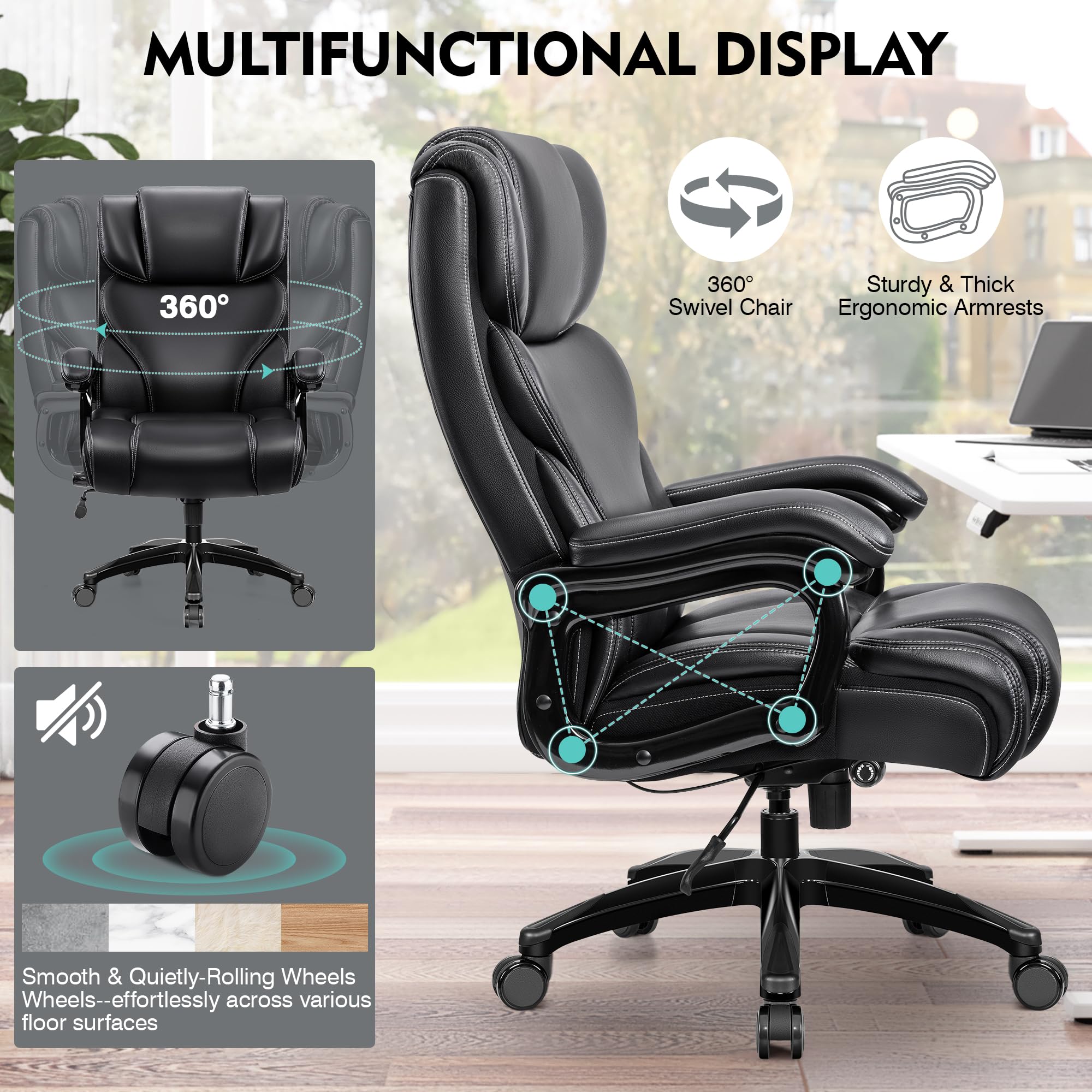 Office Chair, Ergonomic Big and Tall 500lbs Computer Desk Chairs, Heavy Duty Executive Breathable Leather Chair with Adjustable High Back, Lumbar Support Swivel PC Chair