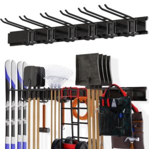 garage organization, garage tool organizer wall mount with 48 inches rails and 6 double-layer hooks, tool organizer rack garage hanging storage rack for yard tools, shovel, chair, snowborad