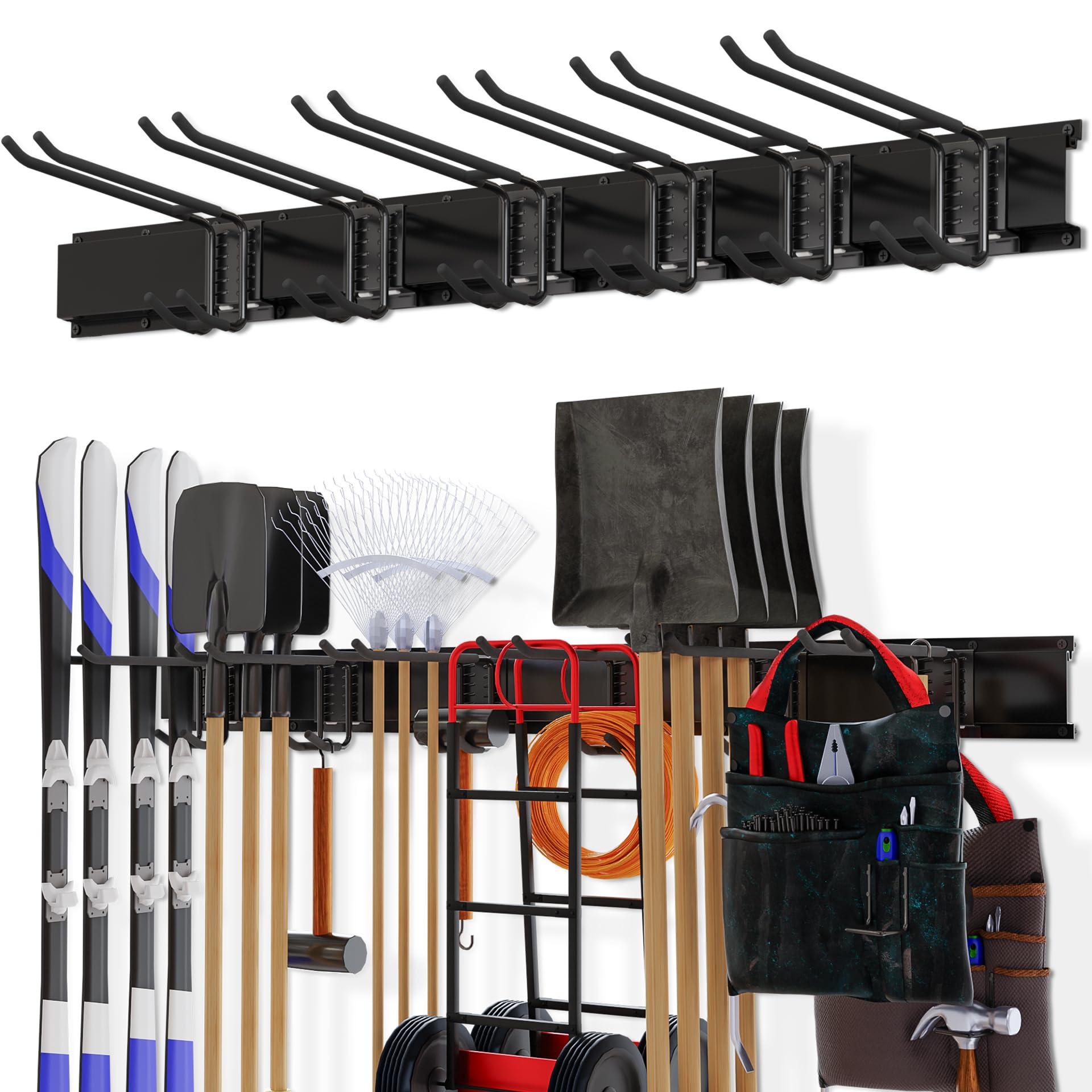 Garage Organization, Garage Tool Organizer Wall Mount with 48 inches Rails and 6 Double-layer Hooks, Tool Organizer Rack Garage Hanging Storage Rack For Yard Tools, Shovel, Chair, Snowborad