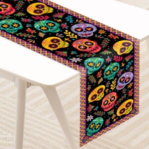 72 x 13 inch day of the dead table runner - colorful sugar skull and floral pattern table runner for dia de los muertos, holiday, home, kitchen, mantel, dining table decor, mexican party supplies