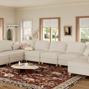 LLappuil Oversized Modular Sectional Fabric Sofa Set, Extra Large L Shaped Couch Reversible Chaise Modular Sectional Couch, 113.5 inch Width,8 Seat Modular Sofa with Storage Ottoman, Linen,Off White