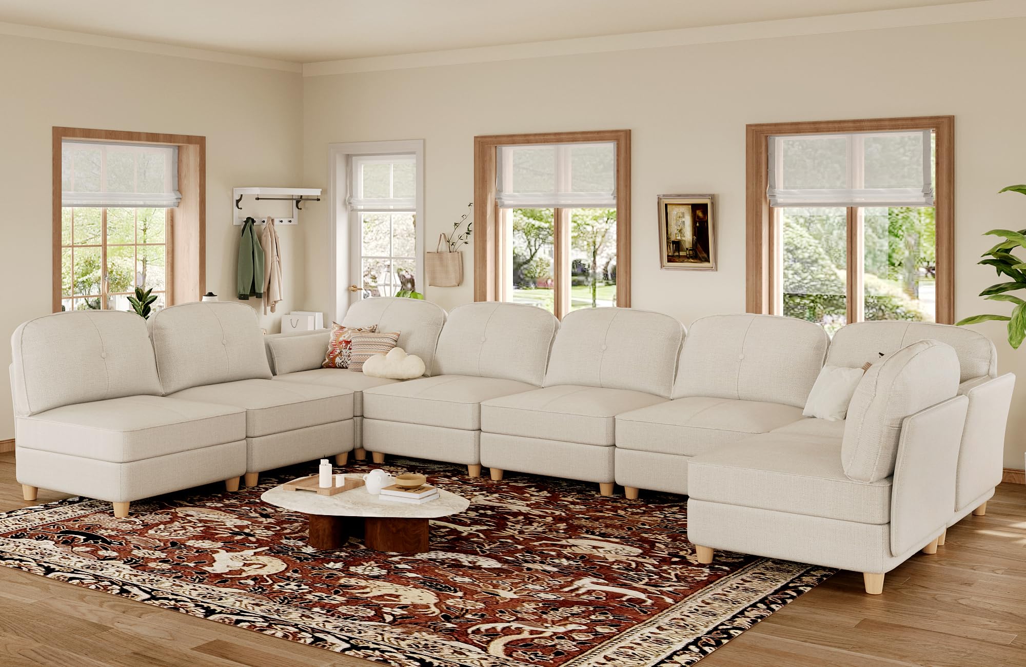 LLappuil Oversized Modular Sectional Fabric Sofa Set, Extra Large L Shaped Couch Reversible Chaise Modular Sectional Couch, 113.5 inch Width,8 Seat Modular Sofa with Storage Ottoman, Linen,Off White