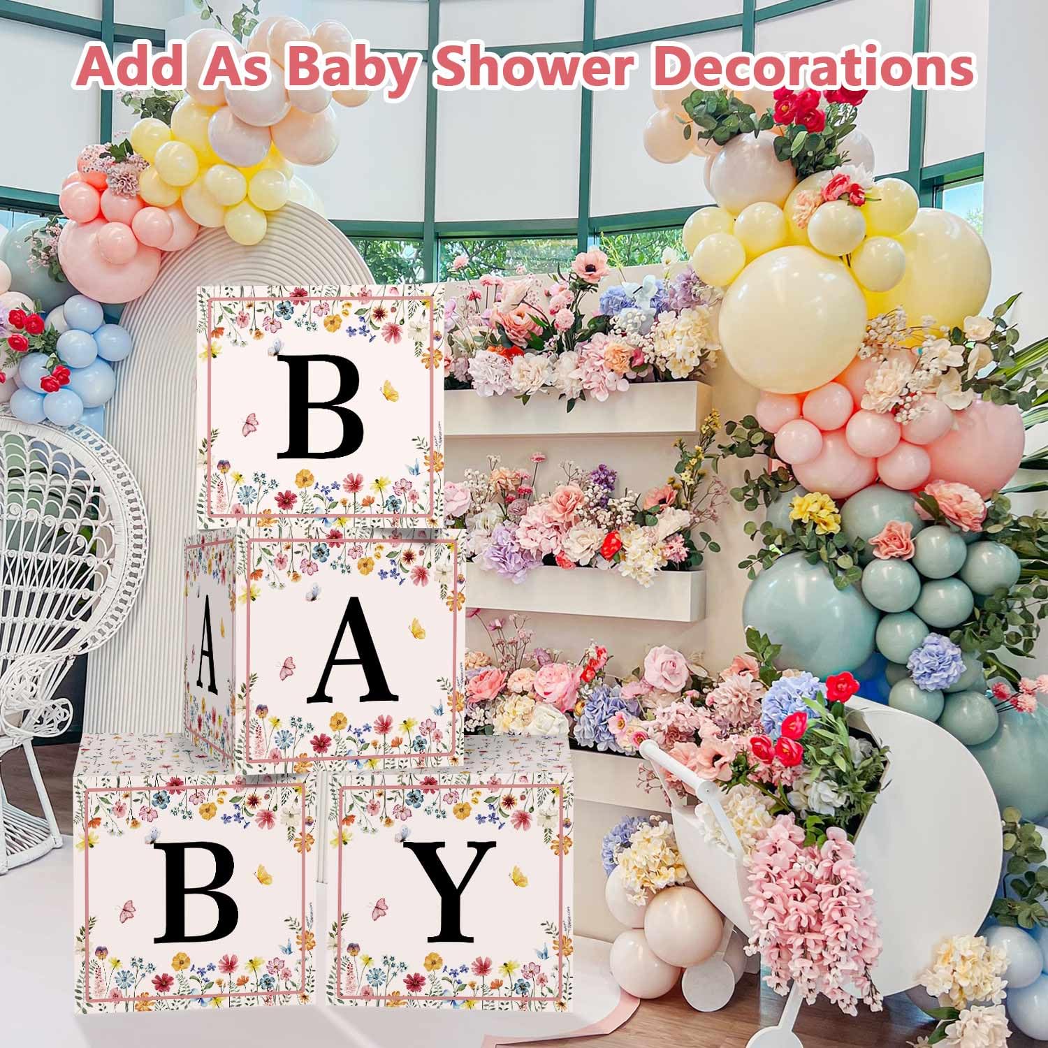 Heboland Wildflower Baby Shower Decorations Baby Boxes with Letters, 4 Pcs Baby in Bloom Thickend Cardstock Blocks Baby Banner, Box Clear Stickers for Girls Party Decor