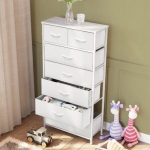 Pellebant Dresser for Bedroom with 7 Drawers, Tall Dresser Vertical Storage Tower, Sturdy Metal Frame, Fabric Storage Bins with Plastic Handle, Wooden Top, Organizer Unit for Closet/Hallway, White