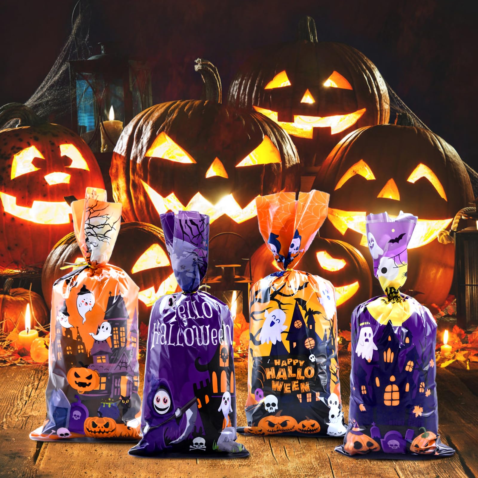 160 Pcs Halloween Cellophane Candy Bags - 4 Patterns Cute Treat Bags with Twist Ties, Trick or Treat Goodie Snack Gift Bags for Halloween Party Favors, Holiday Gift Wrapping, and Spooky Supplies