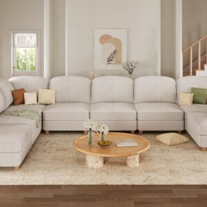 LLappuil Oversized Sectional Couch L Shaped Modular Sofa with Storage, Corner Cloud Sofa with Chaise, 141 in Width, 8 Seat Sofa, Teddy Velvet, Off White