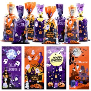 160 pcs halloween cellophane candy bags - 4 patterns cute treat bags with twist ties, trick or treat goodie snack gift bags for halloween party favors, holiday gift wrapping, and spooky supplies