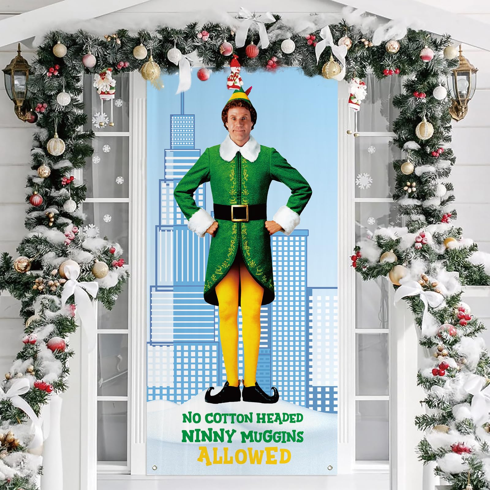 Funny Christmas Door Cover, No Cotton Headed Ninny Muggins Allowed Porch Sign for Outdoor Decorations, Buddy The Elf Photo Booth Background Banner, Elf Party Decor Supplies, 70.8x35 Inch