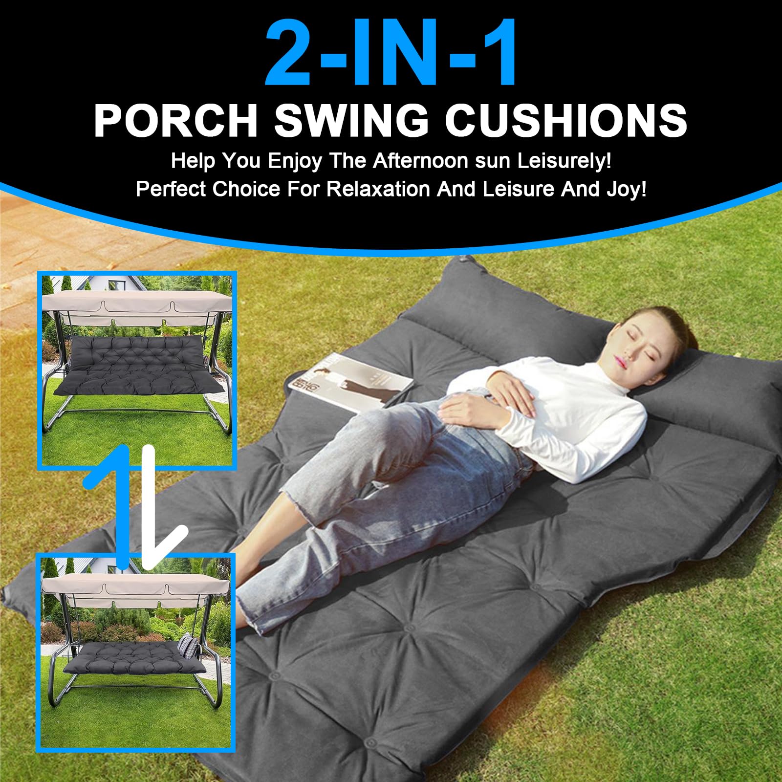 DSFGFRR Porch Swing Cushion, Outdoor Swing Cushions, Outdoor Swing Cushions 3 Seater, Patio Swing Cushion, Waterproof, with Ties, for Garden Patio Furniture (NavyBlue,60x40x5 in)