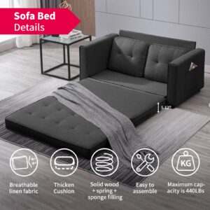 MUZZ Pull Out Couch with 2 Side Pockets, 55" W Upholstered Loveseat, 2 in 1 Futon Sleeper Couch, Gaming Floor Couch Bed for Living Room, Bedroom, Play Room(Dark Grey)