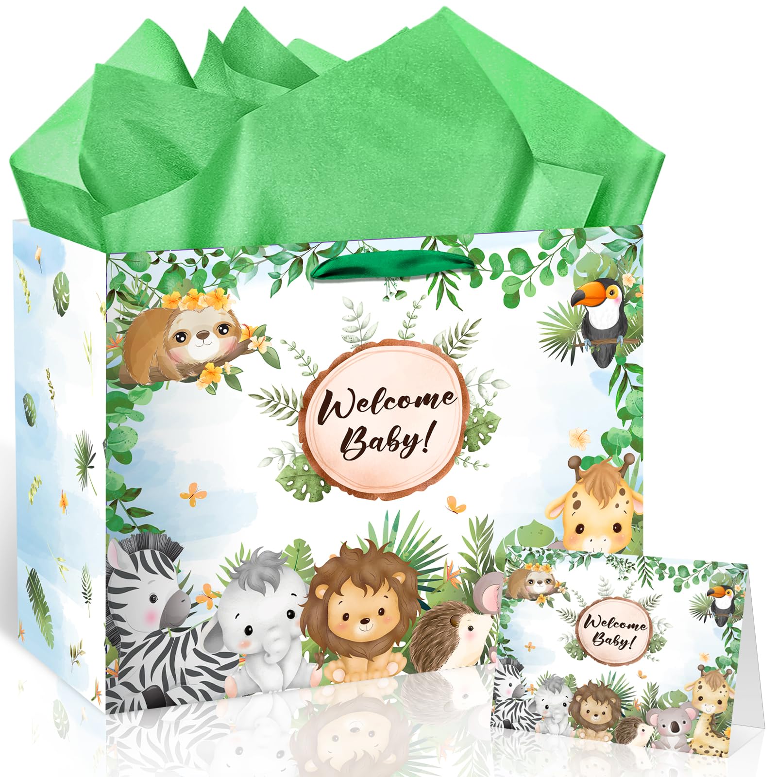 Baby Jungle Animals Gift Bag Green Welcome Baby Gift Bag Safari Baby Shower Wild Animal Paper Bags Newborn Birthday Wrapping Bag with Tissue Paper and Greeting Card for New Parents Gender Reveal Party