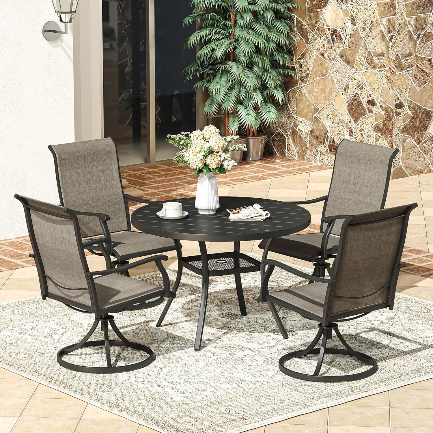 VICLLAX 5-Piece Outdoor Patio Furniture Dining Set, Textilene Outdoor Swivel Chairs and Round Patio Dining Table with Umbrella Hole 42" Black