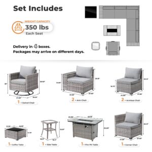 ovios 9 Pieces Patio Furniture Set, Outdoor Sectional Sofa with Swivel Rocking Chair, 42" Fire Pit Table, Wide Arms and Deep Seat, Modular Wicker Rattan Conversation Set, Dark Grey