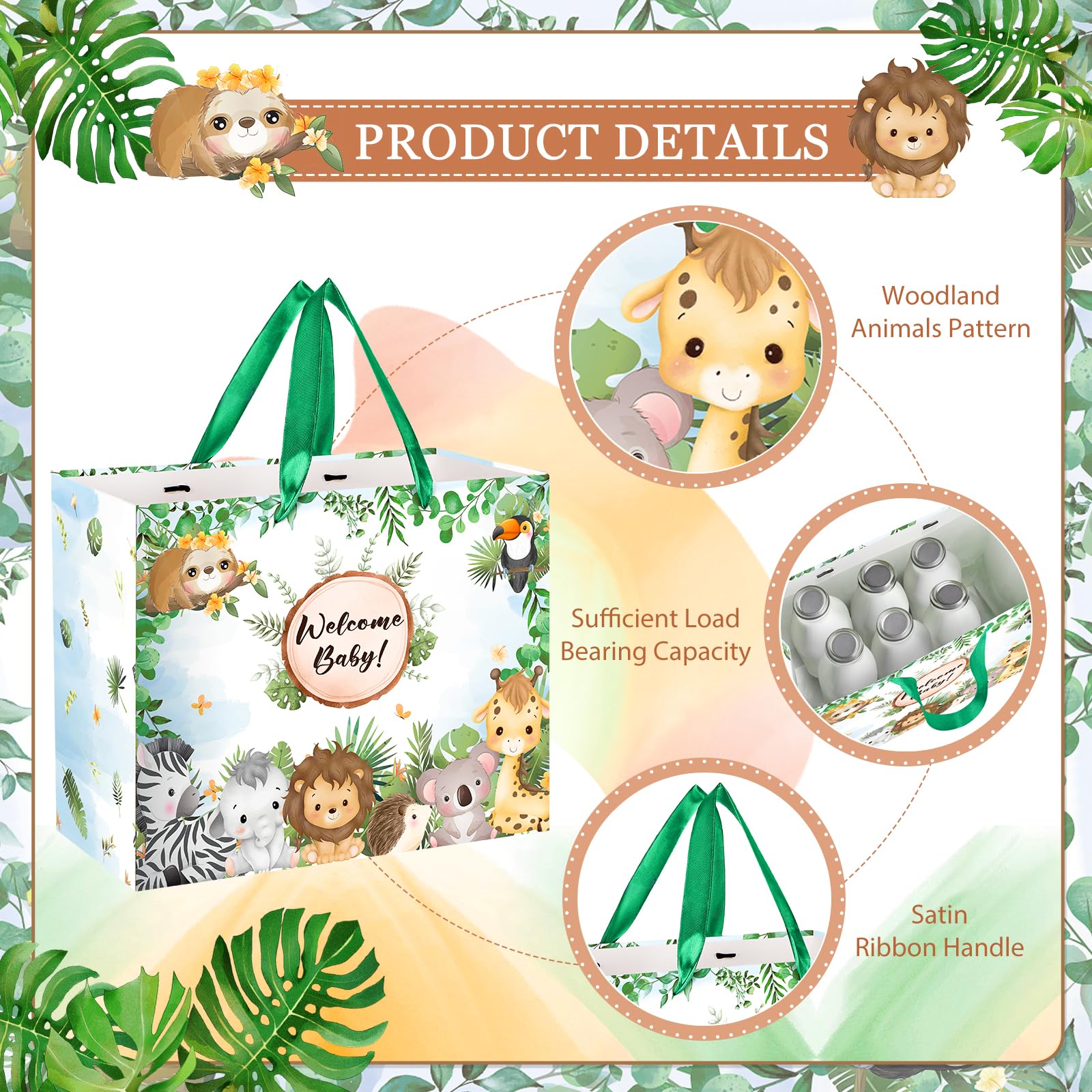 Baby Jungle Animals Gift Bag Green Welcome Baby Gift Bag Safari Baby Shower Wild Animal Paper Bags Newborn Birthday Wrapping Bag with Tissue Paper and Greeting Card for New Parents Gender Reveal Party