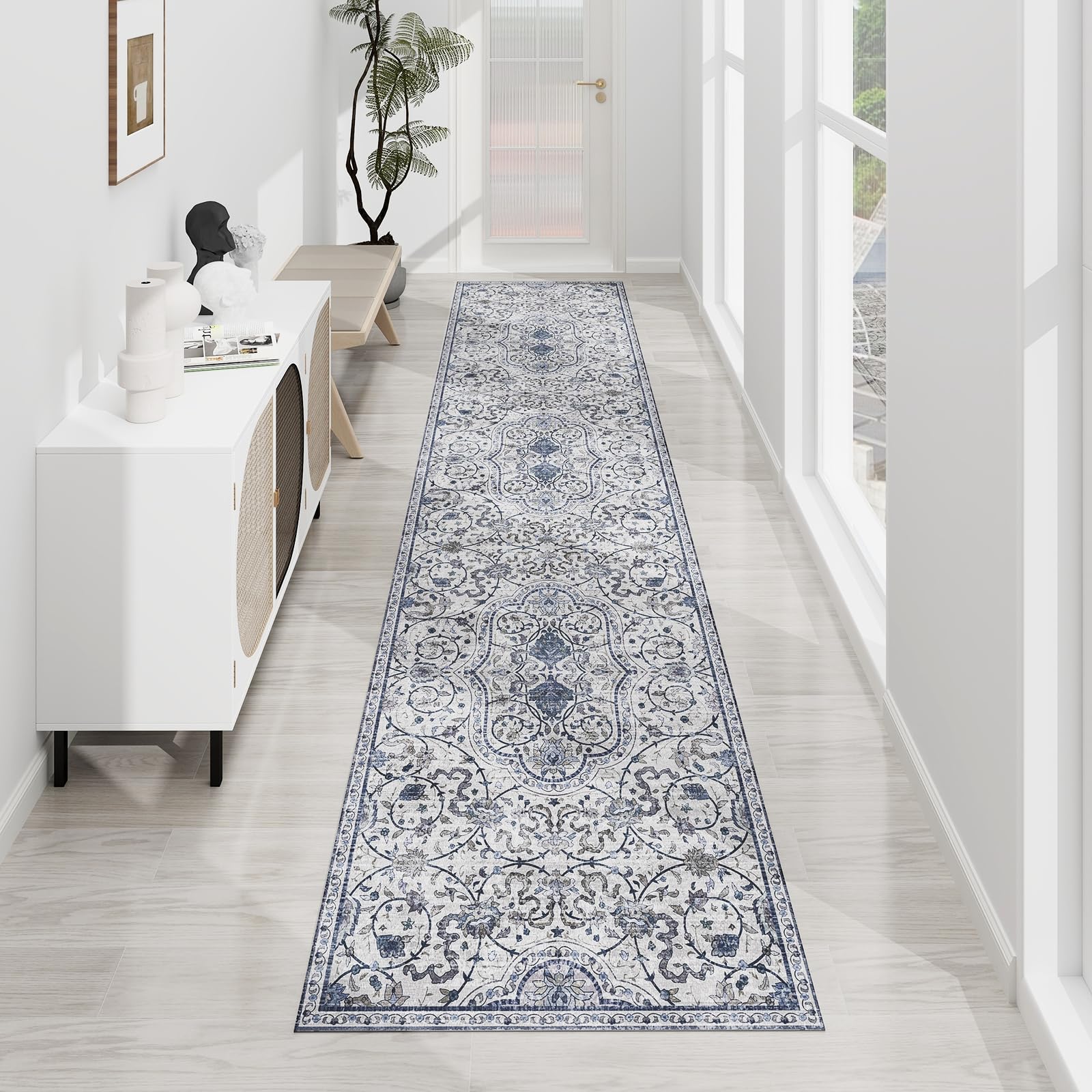 SALLOUS Vinyl Mat, 2x8ft Runner Rug for Hallway, Non-Slip Waterproof Area Rug for Living Room, Washable Floor Mat for Kitchen, Bathroom, Entryway (Grayish Blue Bohemian-Style)