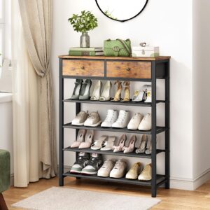 kitstorack shoe rack for front door entrance, 5-tier shoe organizer for entryway 2 drawers fabric shelves and wooden top shoe stand metal shoe rack for 12-16 pairs of shoes, rustic brown