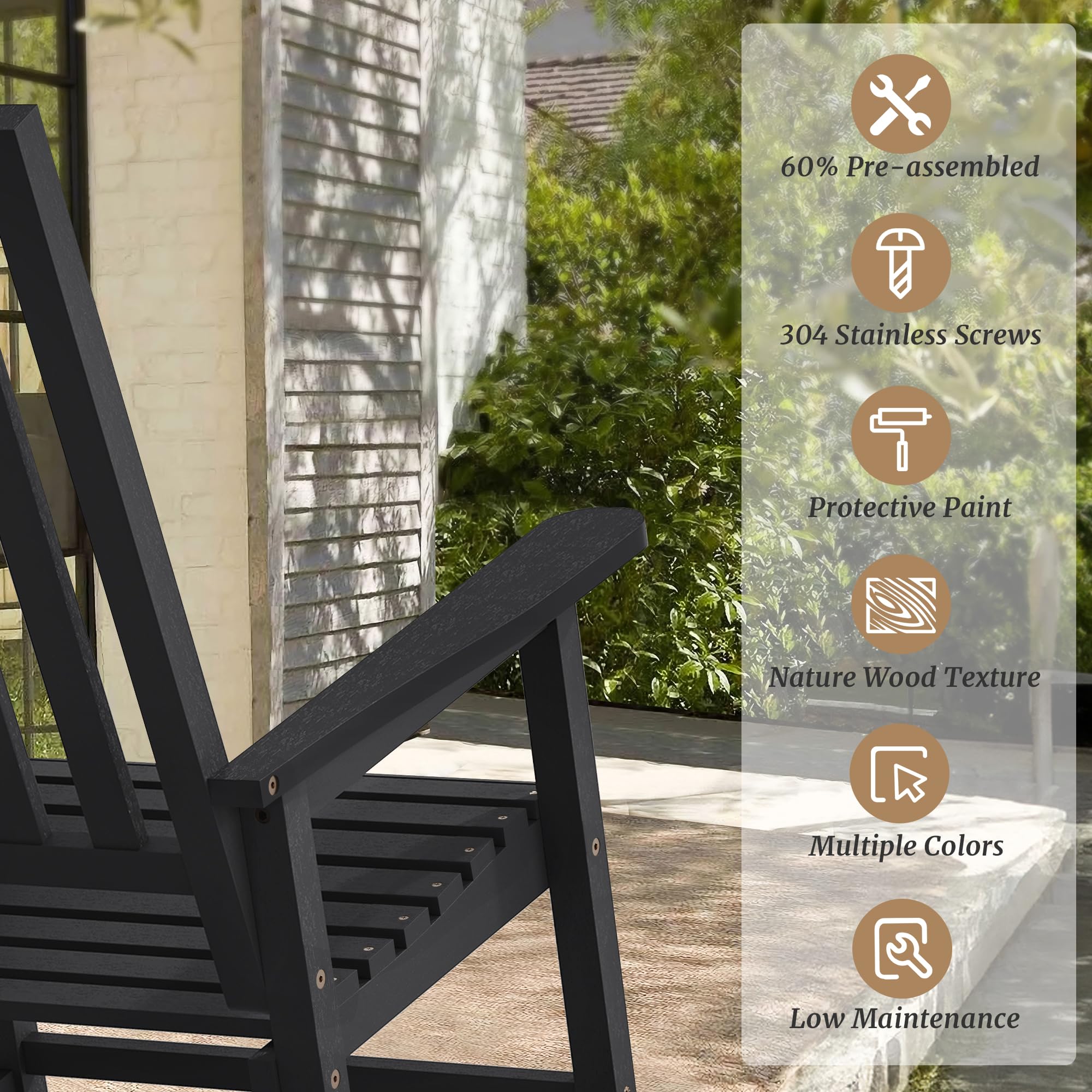 Cozyman Outdoor Rocking Chairs Set of 2, Acacia Wood Rocking Chairs, Patio Rocker Chair with Wide Seats, Black