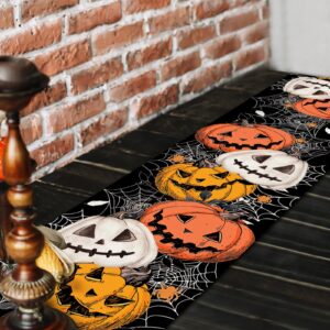 72x13 Inch Halloween Table Runner Decorations - Linen Pumpkin and Spider Web Pattern Table Runner for Halloween, Holiday, Home, Kitchen, Mantel, Dining Table Decor, Spooky Party Supplies