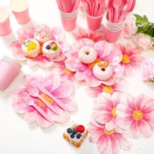 Sieral 144 Pcs Flower Party Supplies Include Disposable Flower Paper Plates Decorative Pink Floral Plates Napkins Cups and Cutlery for Bridal Baby Shower Wedding Birthday Summer Tableware Decoration