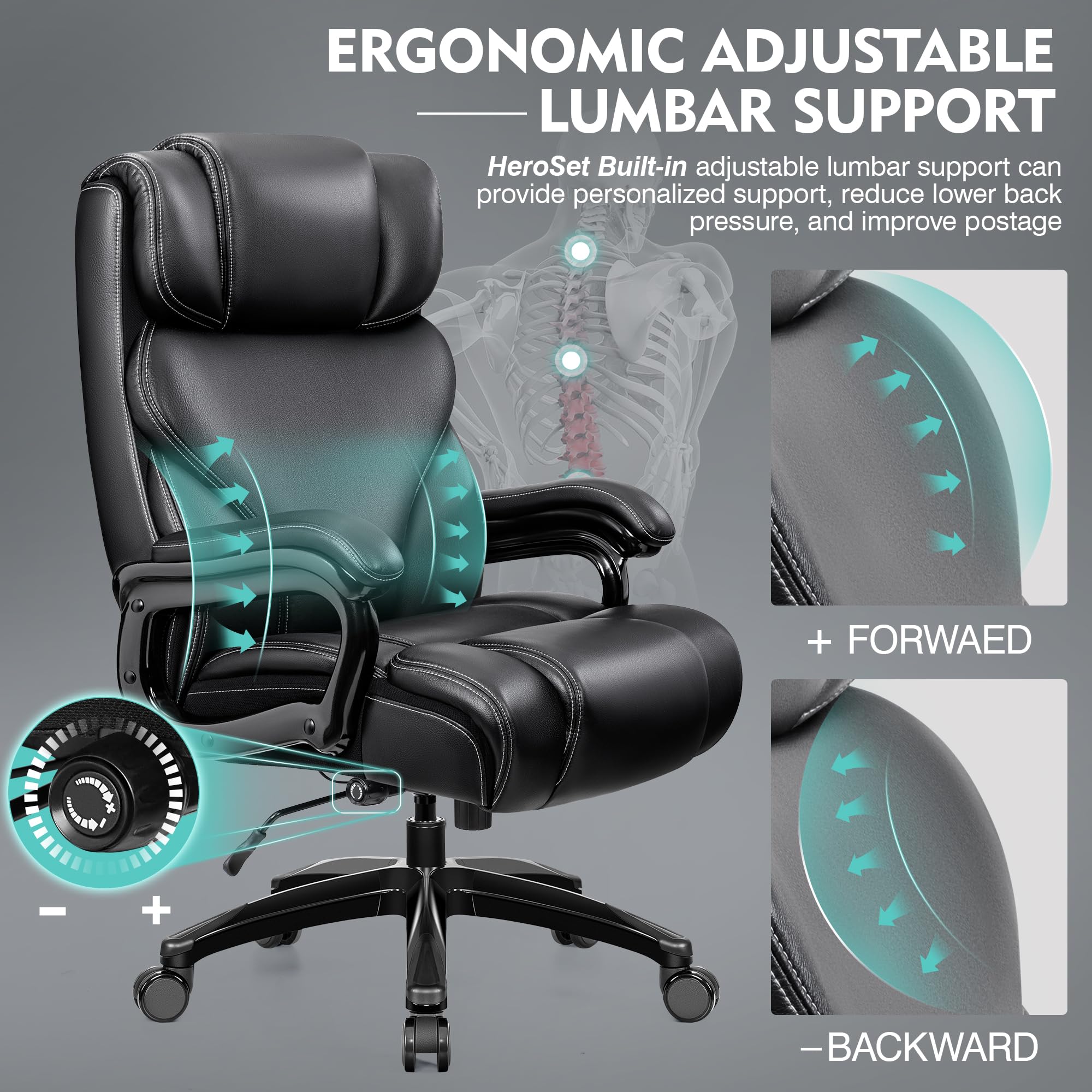 Office Chair, Ergonomic Big and Tall 500lbs Computer Desk Chairs, Heavy Duty Executive Breathable Leather Chair with Adjustable High Back, Lumbar Support Swivel PC Chair