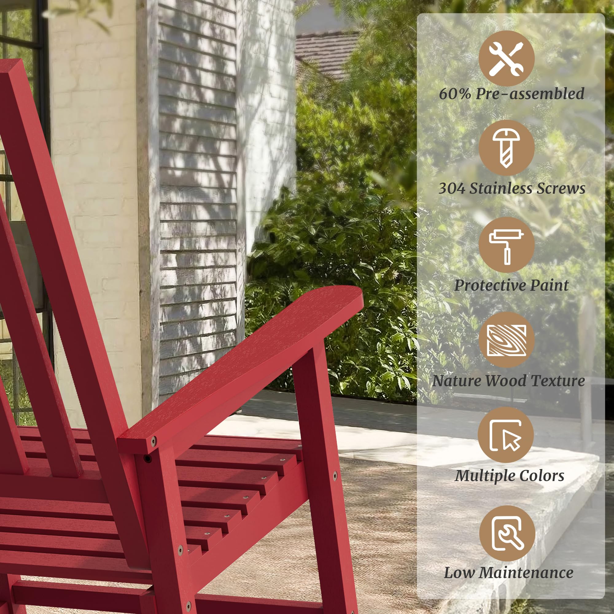 Cozyman Outdoor Rocking Chairs Set of 2, Acacia Wood Rocking Chairs, Patio Rocker Chair with Wide Seats, Red