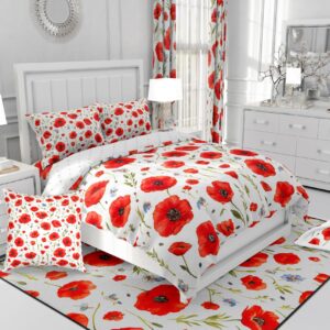 Feelyou Red Poppy Bedding Duvet Cover Set King Size Floral Flower Blossom Printed Bedding Set for Kids Boys Botanical Branches Comforter Cover Set Spring Garden Bedspread Cover,No Comforter