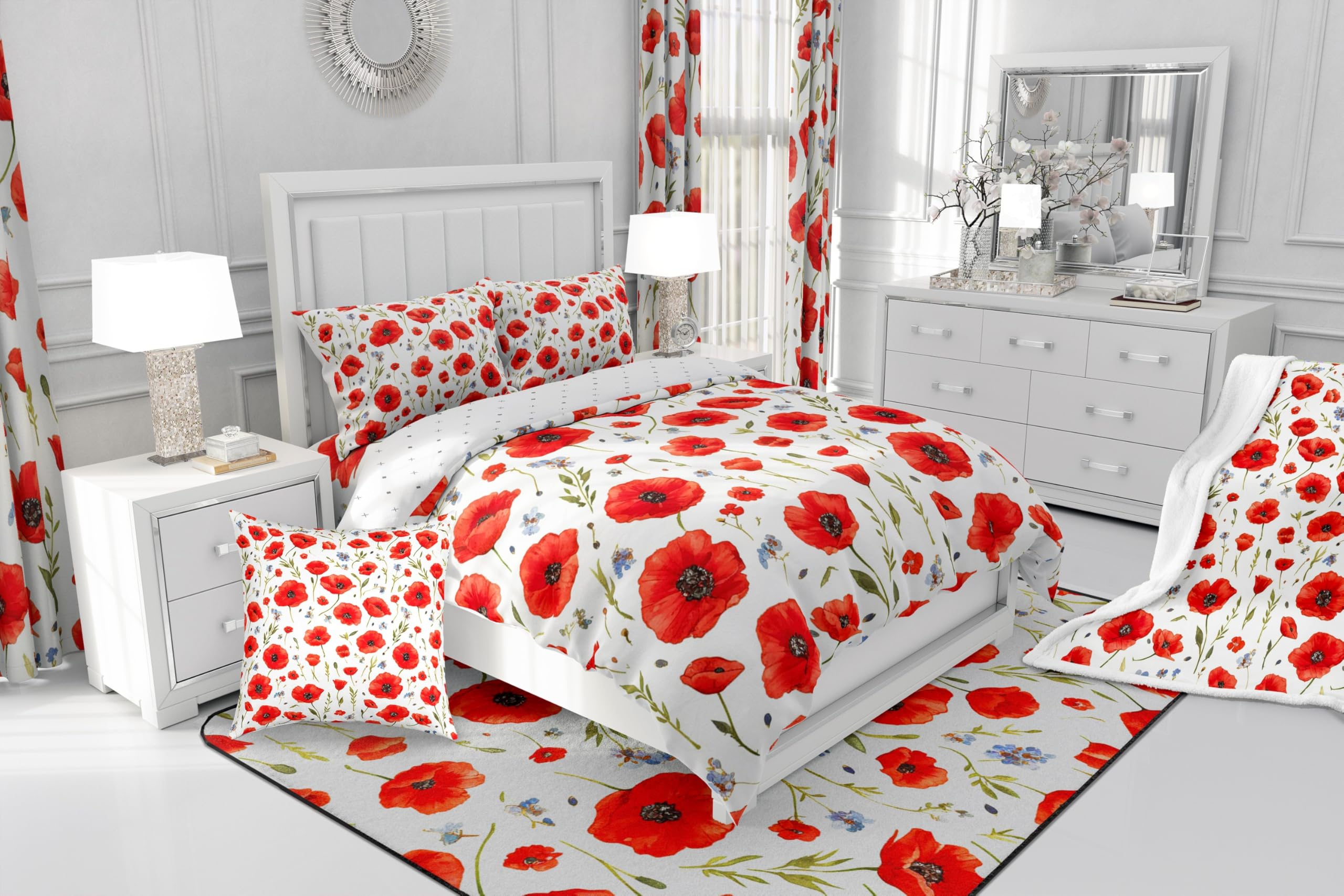 Feelyou Red Poppy Bedding Duvet Cover Set King Size Floral Flower Blossom Printed Bedding Set for Kids Boys Botanical Branches Comforter Cover Set Spring Garden Bedspread Cover,No Comforter