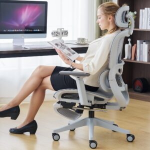 Gzagdecr Ergonomic Office Chair, High Back Gaming Chair with Footrest,Big and Tall Home Office Desk Chair,Mesh Computer Chair with Adjustable Lumbar Support,3D Armrests,Reclining(White-Gray)