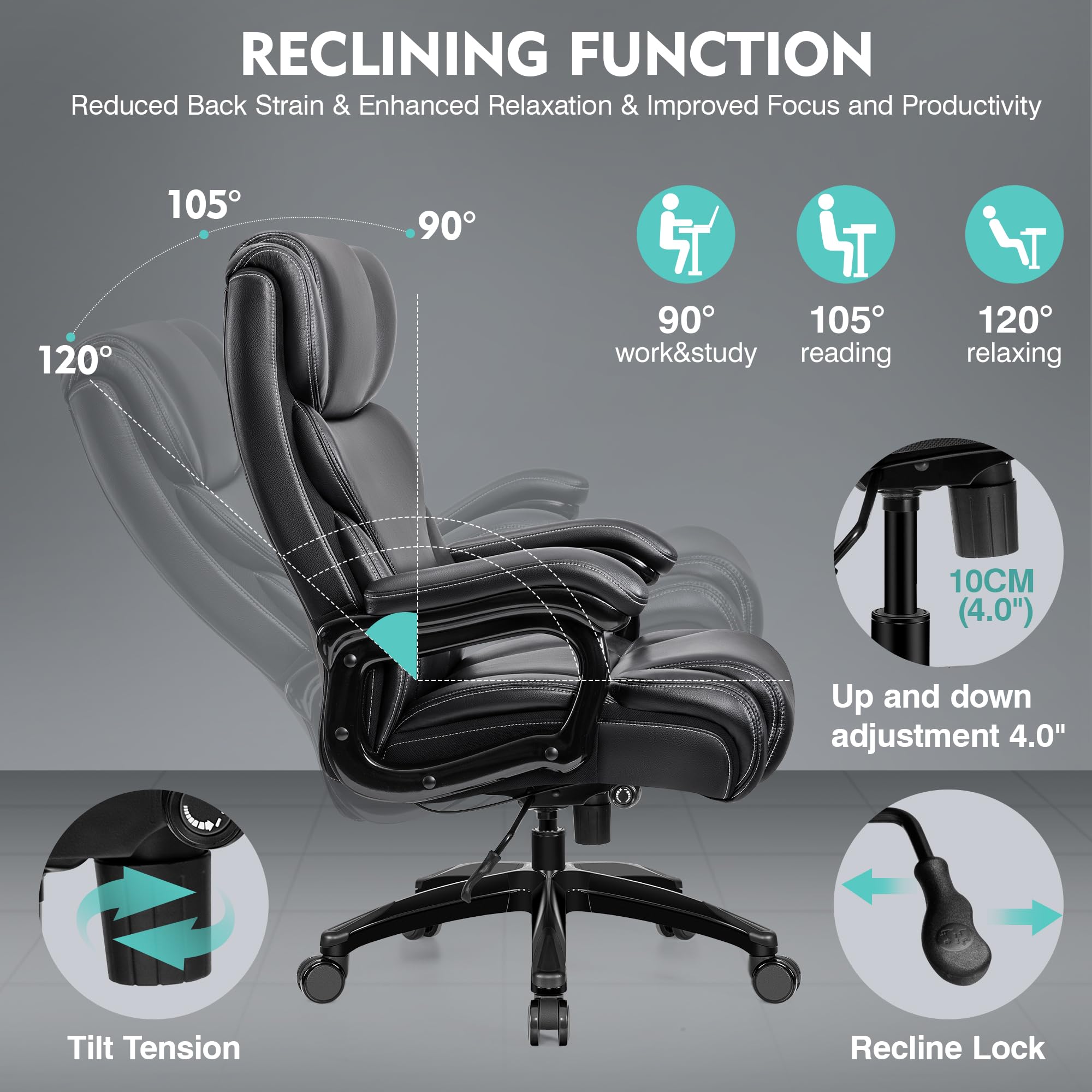 Office Chair, Ergonomic Big and Tall 500lbs Computer Desk Chairs, Heavy Duty Executive Breathable Leather Chair with Adjustable High Back, Lumbar Support Swivel PC Chair