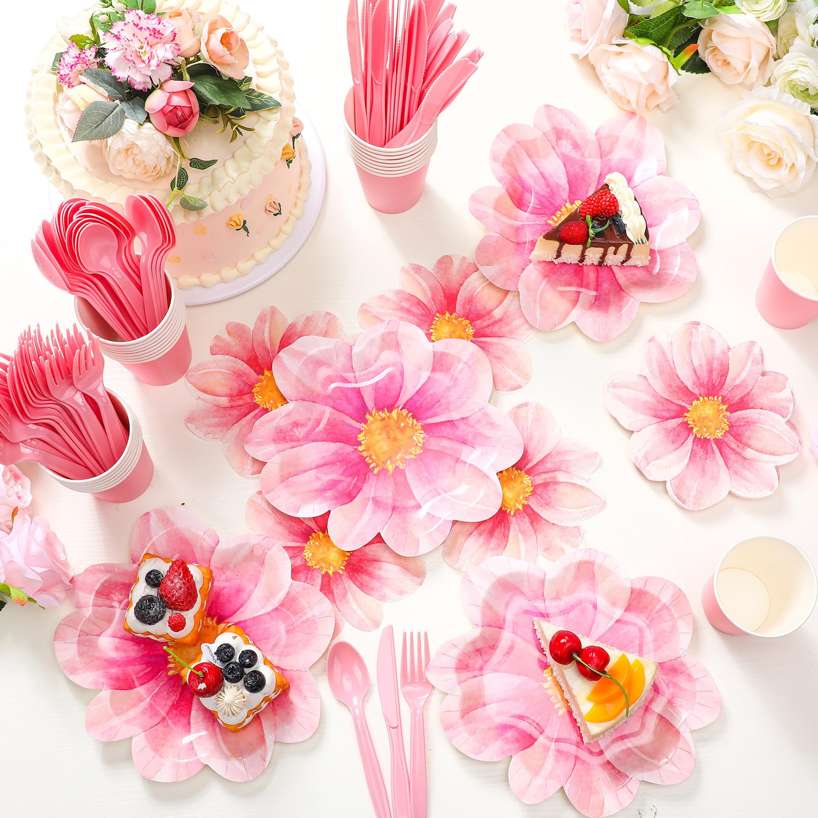 Sieral 144 Pcs Flower Party Supplies Include Disposable Flower Paper Plates Decorative Pink Floral Plates Napkins Cups and Cutlery for Bridal Baby Shower Wedding Birthday Summer Tableware Decoration