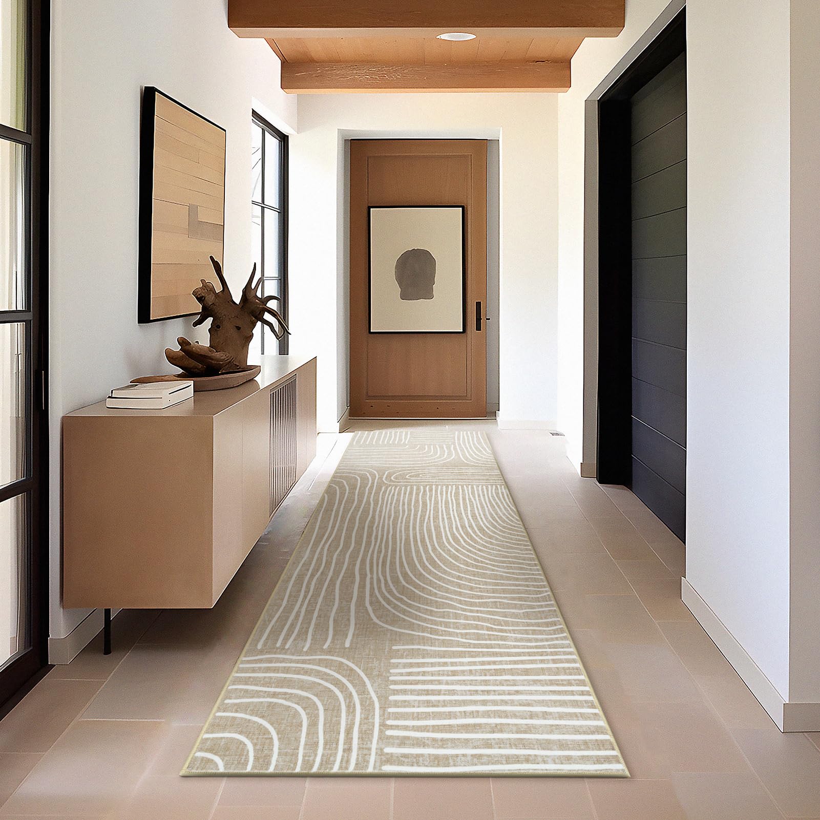 Phantoscope Hallway Runner Rug 2'x6'-Long Rug Runner Boho Washable Striped Design Non-Slip Carpet for Kitchen Entryway Laundry Bedroom,Ultra-Thin Multi-Line Modern Accent Rug,Light Beige/Multi Line