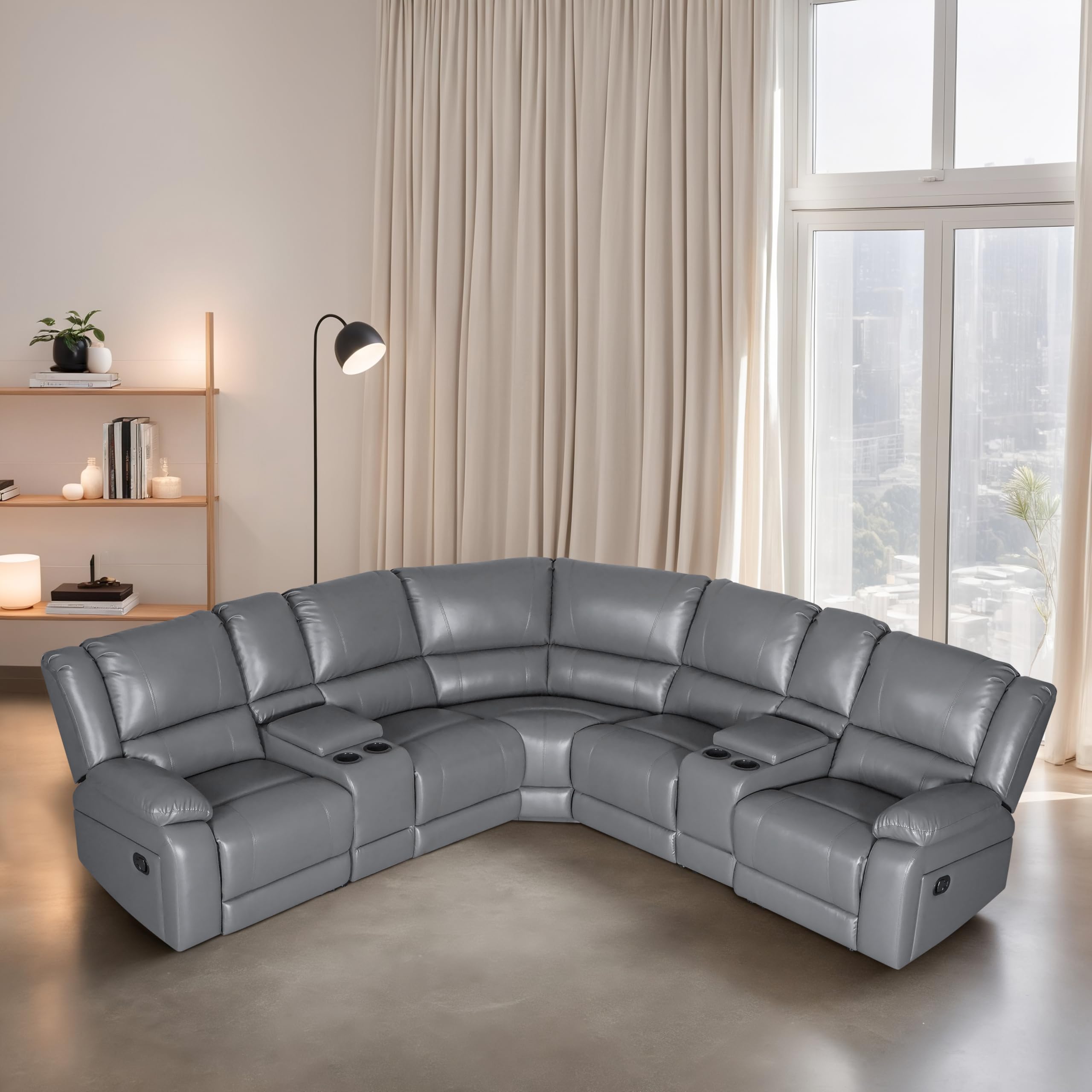 LY&S Home Collection Sectional Reclining Sofa, Sectional Couches for Living Room, Modular Manual PU Leather Recliner Sofa Livingroom Furniture Sets (Grey)