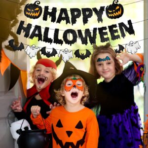 Black Glitter Happy Halloween Banner - Halloween Hanging Paper Garland Bunting Banner with Pumpkin, Ghost, and Bat Decorations, Photo Backdrop for Wall Home Mantle Office Wall Scary Party Supplies