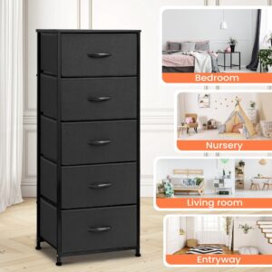 Pellebant Dresser for Bedroom with 5 Drawers, Tall Dresser Vertical Storage Tower, Sturdy Metal Frame, Fabric Storage Bins with Plastic Handle and Wooden Top, Organizer Unit for Closet/Hallway, Black