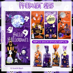 160 Pcs Halloween Cellophane Candy Bags - 4 Patterns Cute Treat Bags with Twist Ties, Trick or Treat Goodie Snack Gift Bags for Halloween Party Favors, Holiday Gift Wrapping, and Spooky Supplies