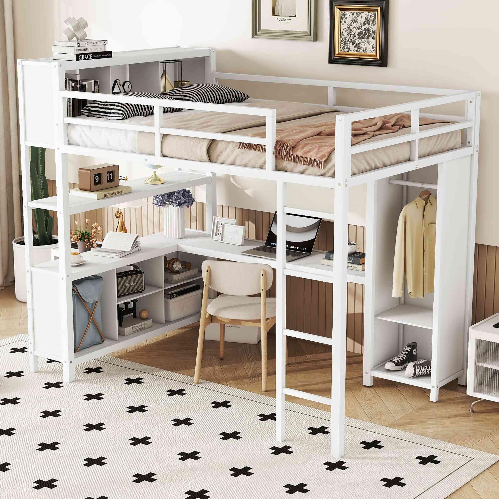 ATY Full Size Loft Bed with Storage Cabinets and Shelves, Sturdy Metal Bedframe w/Wardrobe & Built-in Desk, Save Space Design, for Kids Bedroom, Dorm, White