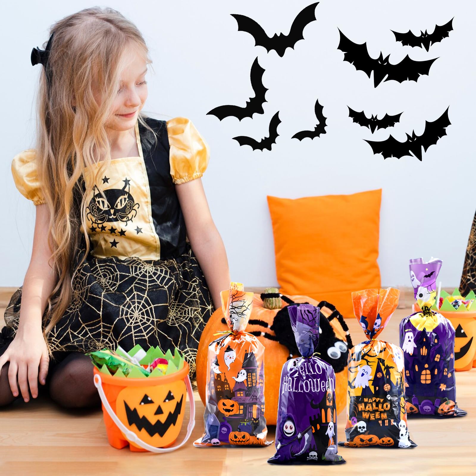 160 Pcs Halloween Cellophane Candy Bags - 4 Patterns Cute Treat Bags with Twist Ties, Trick or Treat Goodie Snack Gift Bags for Halloween Party Favors, Holiday Gift Wrapping, and Spooky Supplies