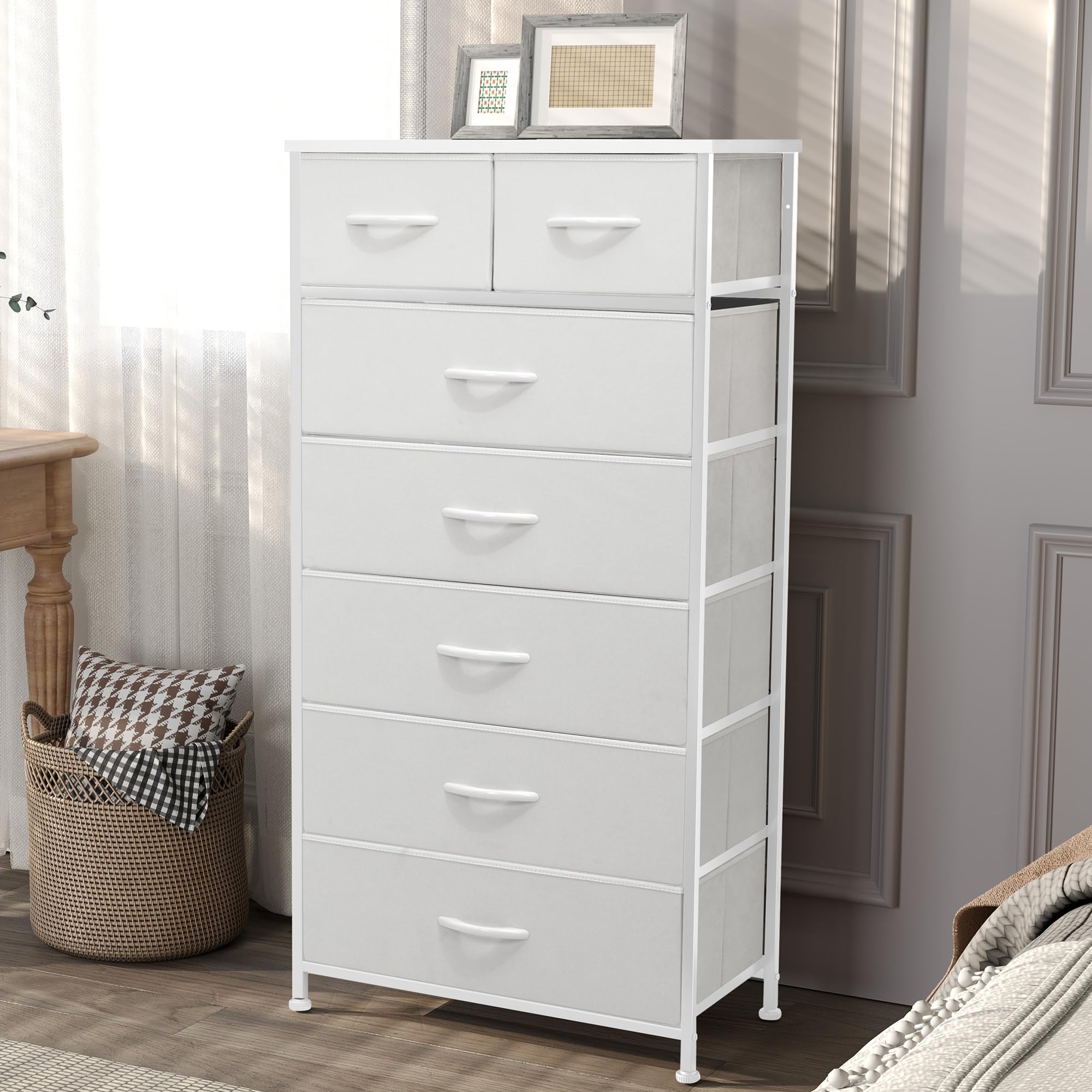 Pellebant Dresser for Bedroom with 7 Drawers, Tall Dresser Vertical Storage Tower, Sturdy Metal Frame, Fabric Storage Bins with Plastic Handle, Wooden Top, Organizer Unit for Closet/Hallway, White