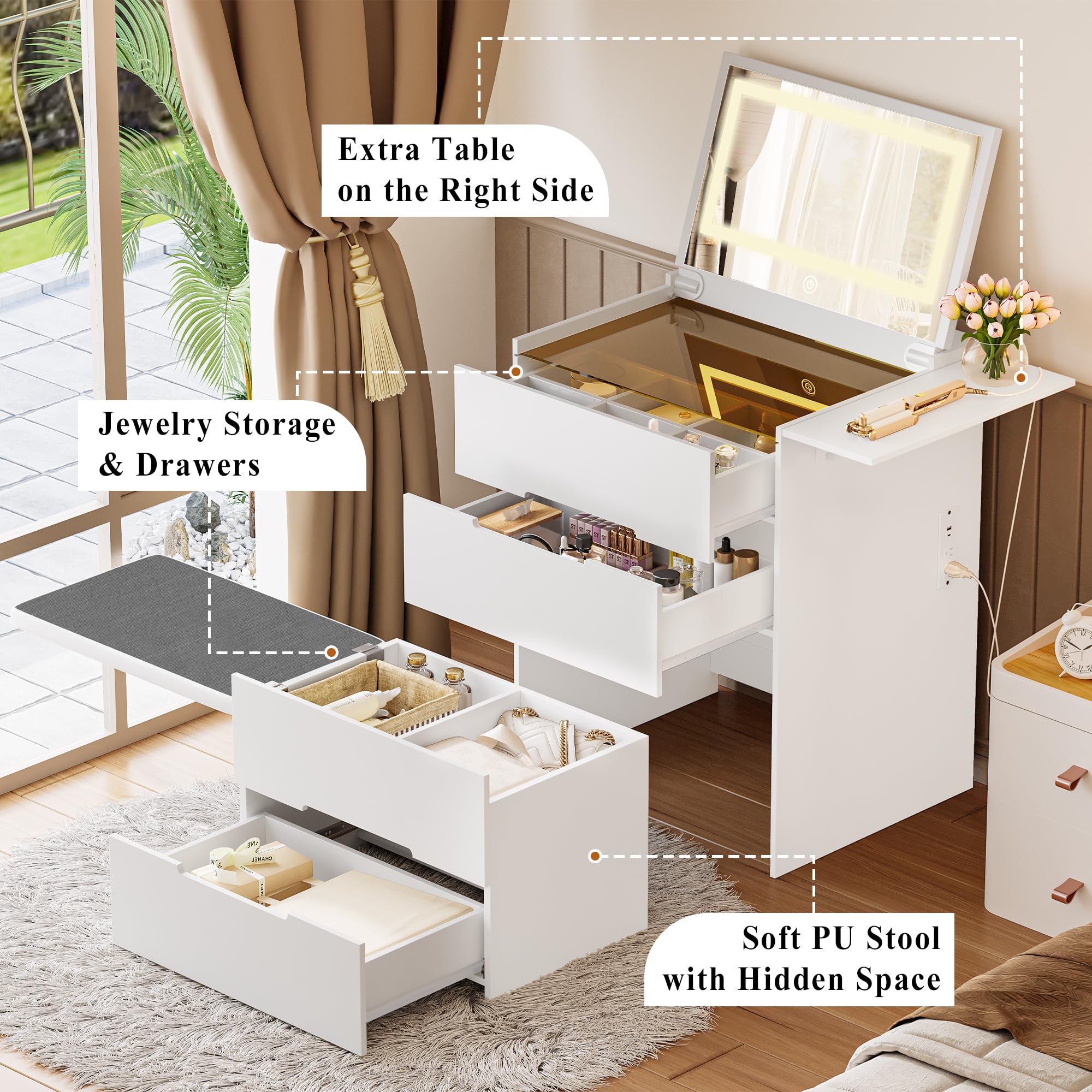 LIKIMIO 3 in 1 Vanity Desk with Plip Top Mirror, LED Light & Power Outlet Small Make Up Vanity Set with Visible Glass Desktop, Compact Makeup Vanity with 3 Drawers, Dressing Table for Bedroom, White