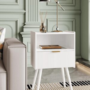 Veegle White Nightstand,Modern Bedside Table with Storage Drawer and Open Wood Shelf, Accent Night Stand with Solid Wood Legs for Living Room, Bedroom and Small Spaces,Easy Assembly,Classic White