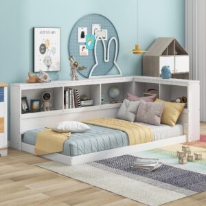 Merax Wood Twin Size Daybed with Storage Cabinets and USB Ports,L-Shaped Bookcases,White