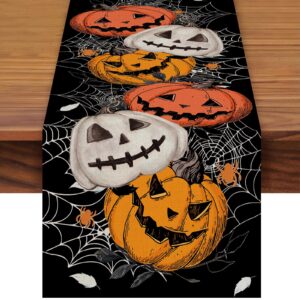 72x13 inch halloween table runner decorations - linen pumpkin and spider web pattern table runner for halloween, holiday, home, kitchen, mantel, dining table decor, spooky party supplies