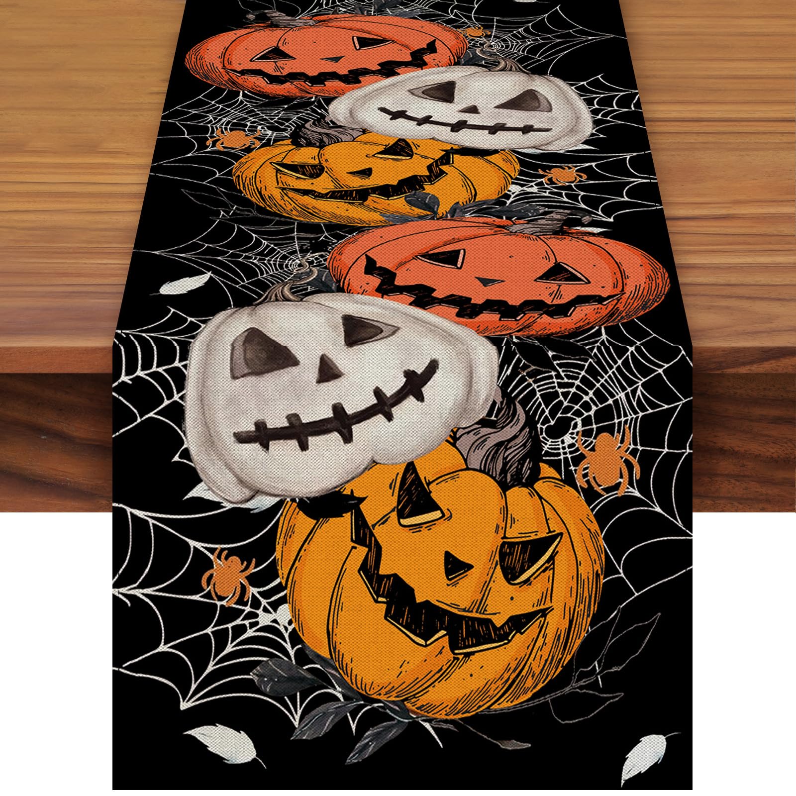 72x13 Inch Halloween Table Runner Decorations - Linen Pumpkin and Spider Web Pattern Table Runner for Halloween, Holiday, Home, Kitchen, Mantel, Dining Table Decor, Spooky Party Supplies