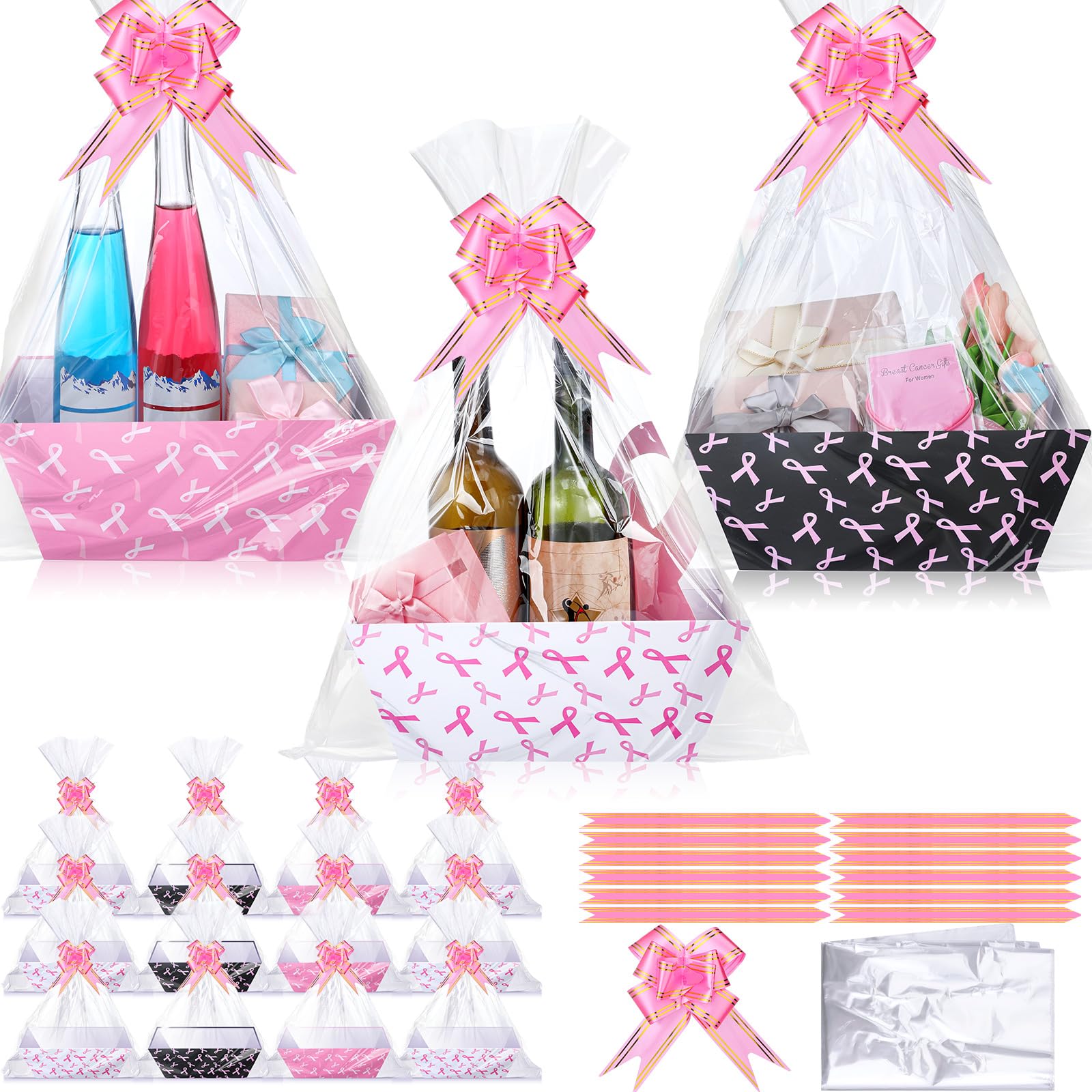 Yeaqee 36 Pcs 12 Pack 8 x 10 Inch Breast Cancer Awareness Baskets for Gifts Empty Pink Ribbon Baskets with Bows Ribbons Bulk Breast Cancer Survivor Cancer Care Gifts for Women