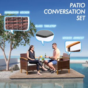 YEEFY 3 Piece Outdoor Patio Furniture Set Outdoor Furniture Set with Table Outside Lawn Patio Chairs Set of 2 Patio Conversation Sets Bistro Wicker Patio Set for Backyard Porch Balcony Garden (Brown)