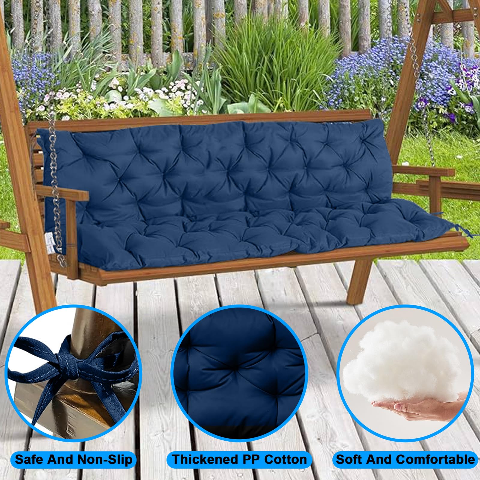 DSFGFRR Porch Swing Cushion, Outdoor Swing Cushions, Outdoor Swing Cushions 3 Seater, Patio Swing Cushion, Waterproof, with Ties, for Garden Patio Furniture (NavyBlue,60x40x5 in)