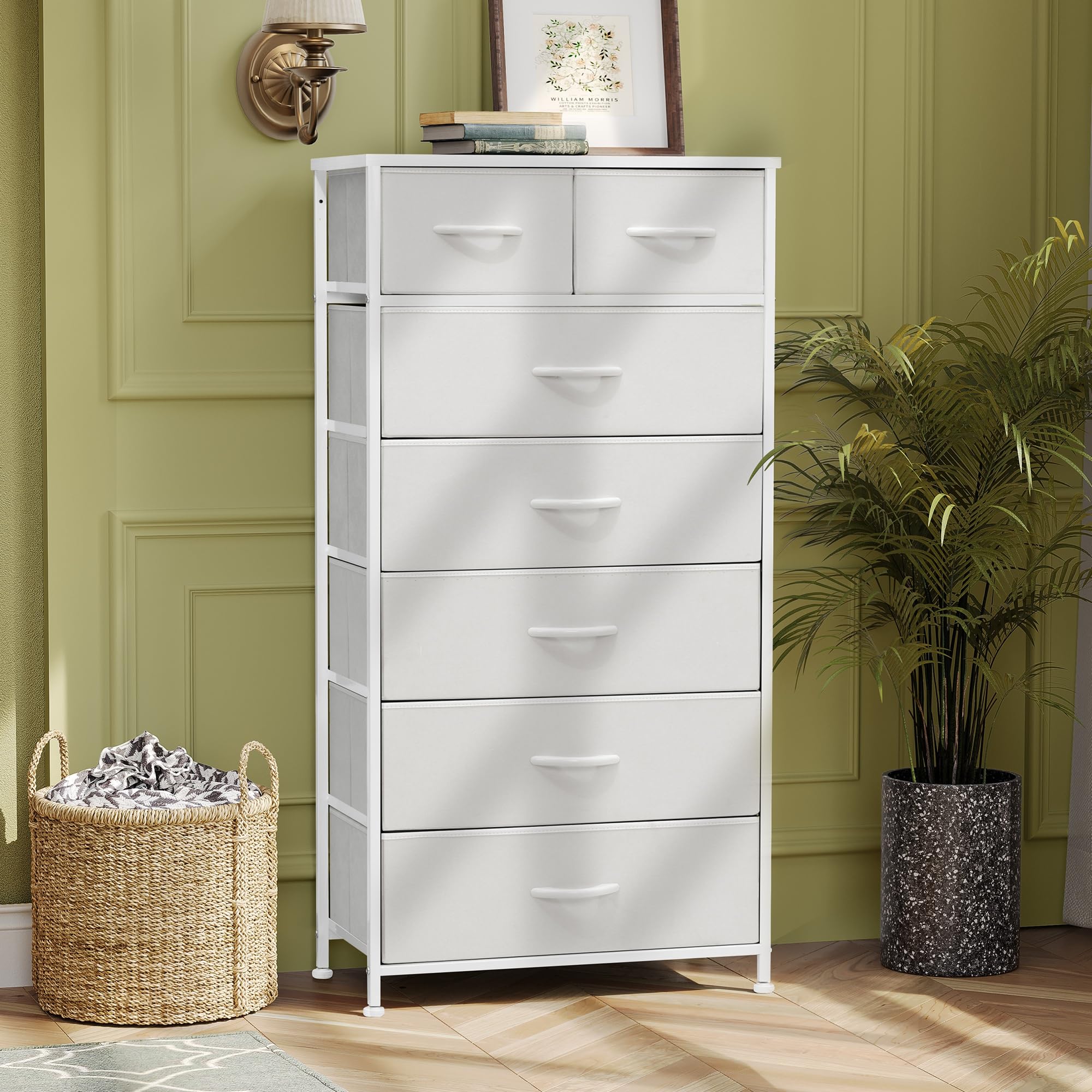 Pellebant Dresser for Bedroom with 7 Drawers, Tall Dresser Vertical Storage Tower, Sturdy Metal Frame, Fabric Storage Bins with Plastic Handle, Wooden Top, Organizer Unit for Closet/Hallway, White